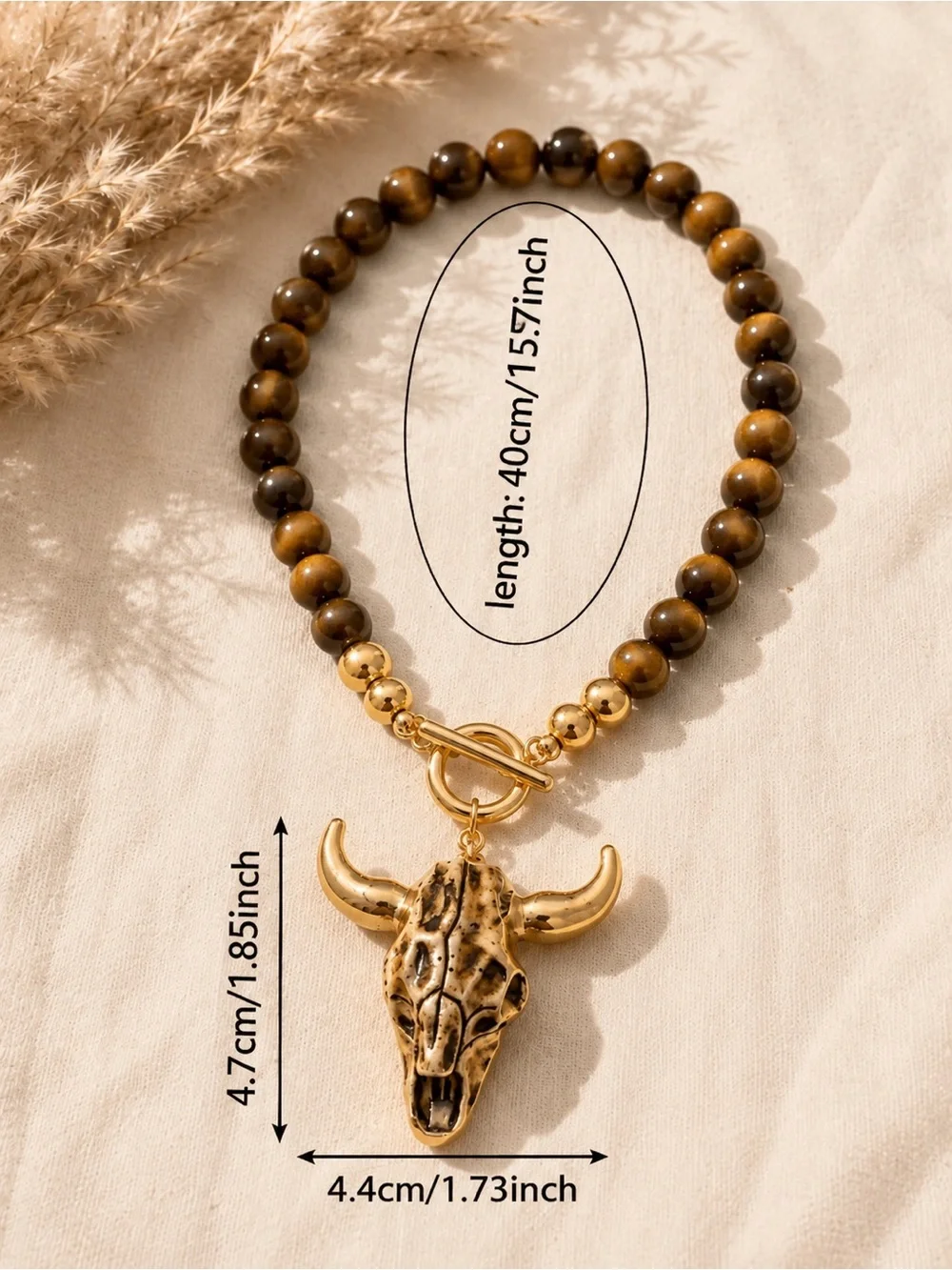 Gold & Brown Beaded Bull Skull Necklace